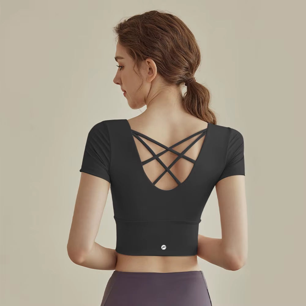 Women Short-Sleeved Sports Shirt Beautiful Cross Back Yoga Wear Running Crop Top Sportswear with Chest Pad Fitness Gym Top
