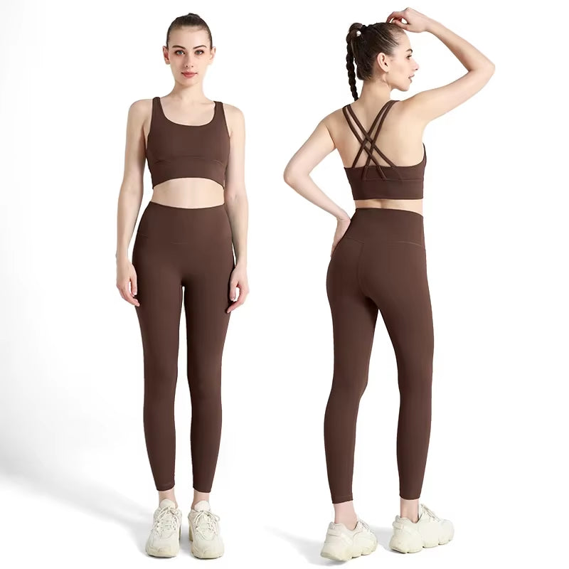 Summer New 2 Piece Yoga Clothes Women'S Tracksuit Athletic Cross Back Nylon Yoga Top Women Sports Bra Leggings Pilates Fitness