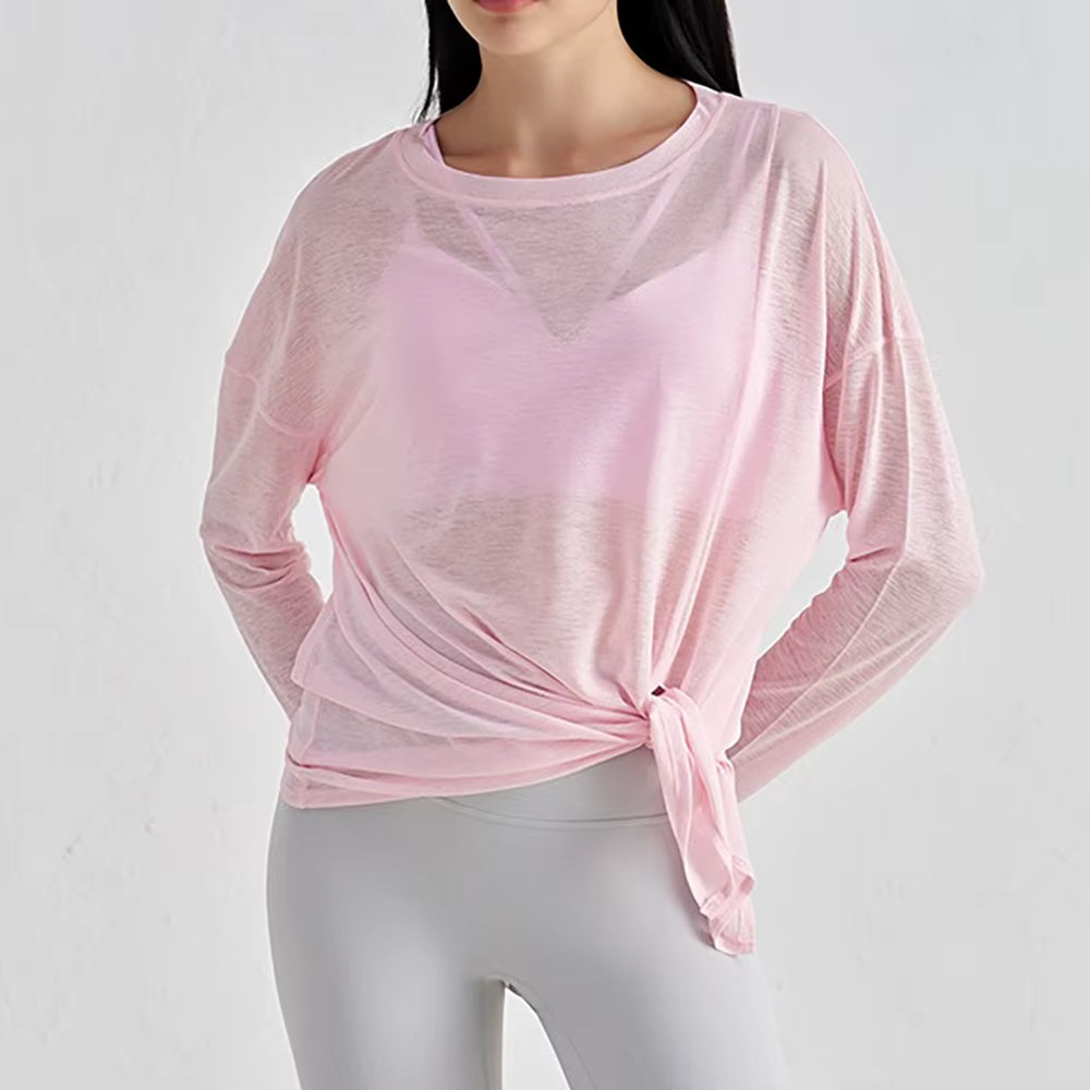 Translucent Women'S Slub Yarn Yoga Top Breathable Long Sleeve, Loose Lightweight with Slimming Side Slits – Fitness Activewear