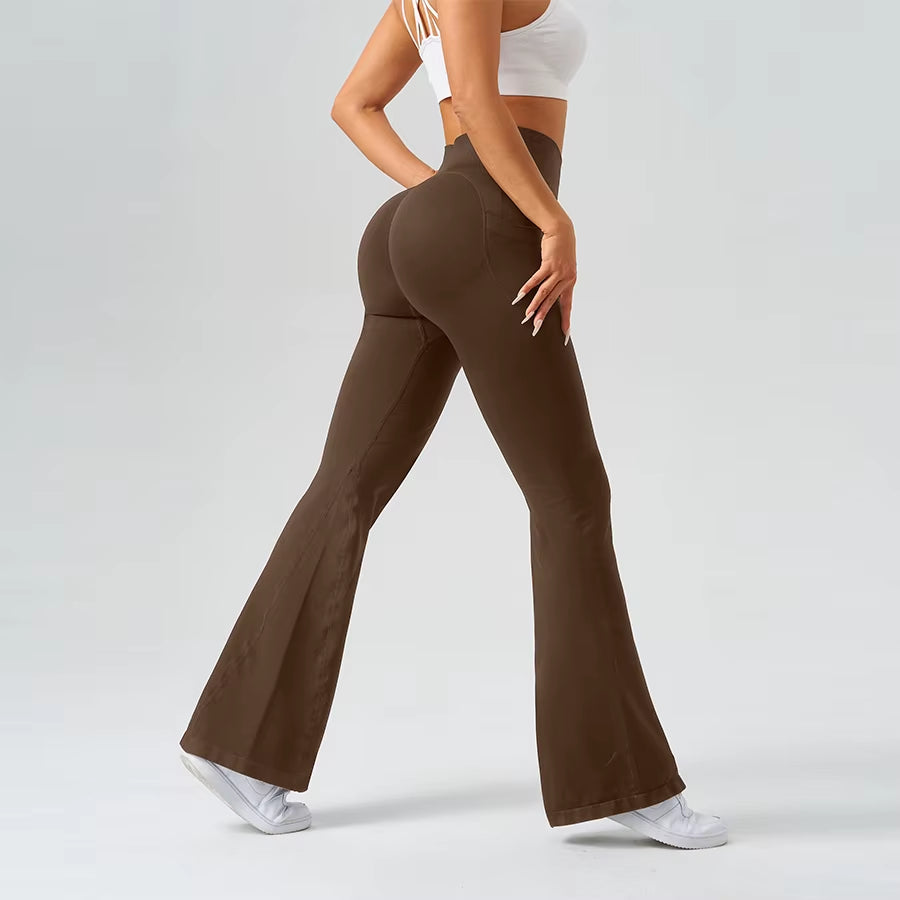 Flared Yoga Pants Women High Waist Bell Bottom Leggings Seamless Trousers W/Pockets Retro Gym Fitness Athleisure Wide Leg Pants