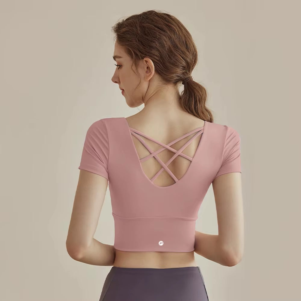 Women Short-Sleeved Sports Shirt Beautiful Cross Back Yoga Wear Running Crop Top Sportswear with Chest Pad Fitness Gym Top
