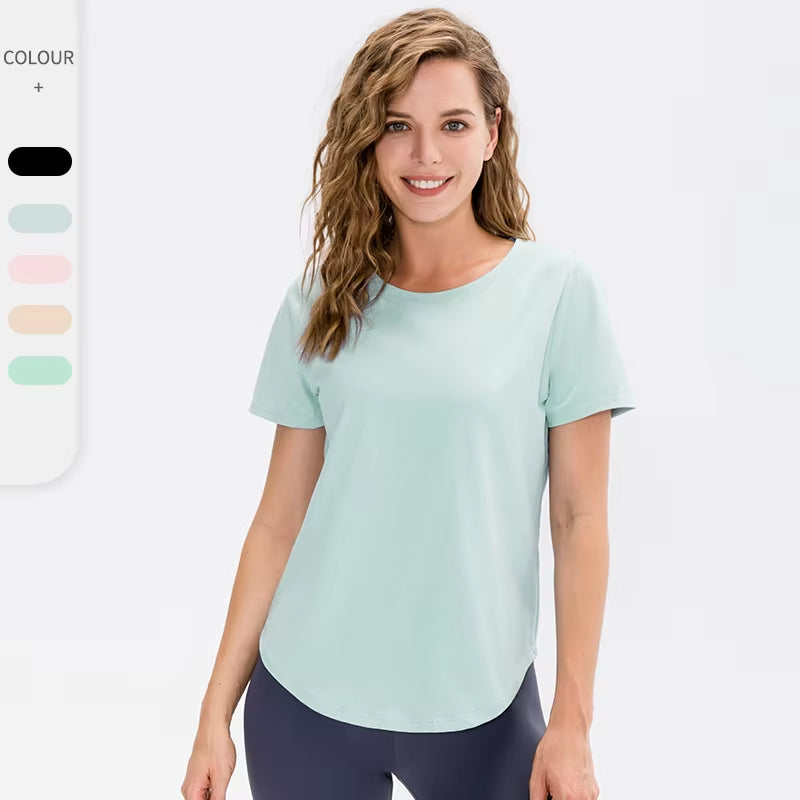 Women Yoga Top Solid Short Sleeve Sport T-Shirt Loose Fitness Yoga Top Gym Shirt Casual Running Top Training Shirt