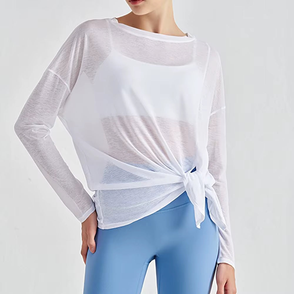 Translucent Women'S Slub Yarn Yoga Top Breathable Long Sleeve, Loose Lightweight with Slimming Side Slits – Fitness Activewear