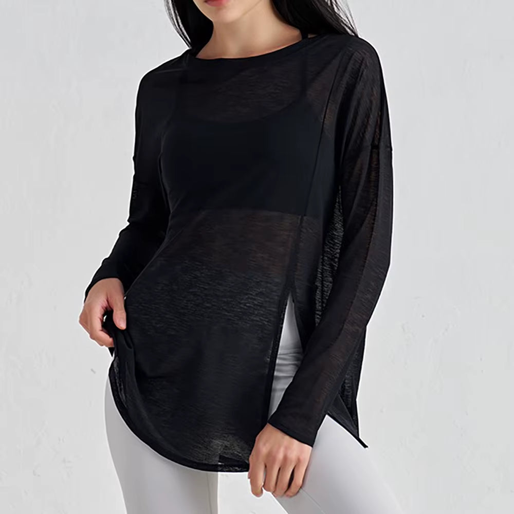 Translucent Women'S Slub Yarn Yoga Top Breathable Long Sleeve, Loose Lightweight with Slimming Side Slits – Fitness Activewear