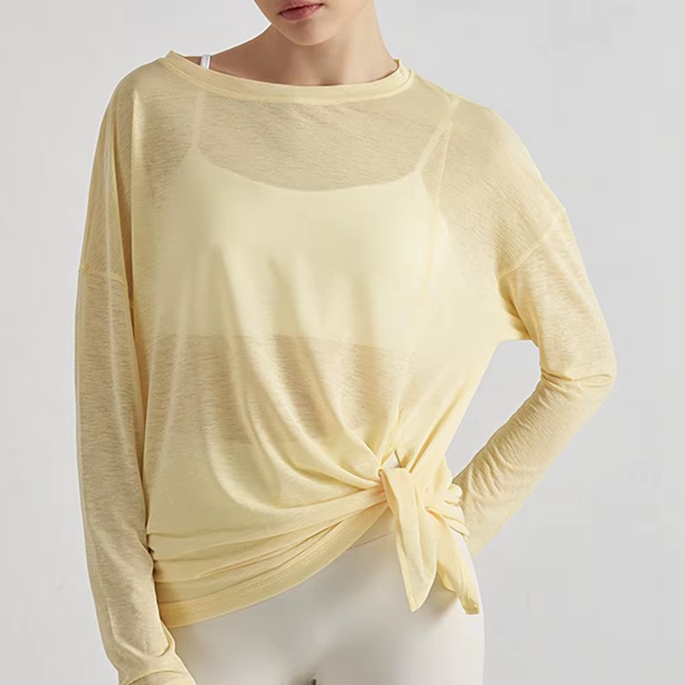 Translucent Women'S Slub Yarn Yoga Top Breathable Long Sleeve, Loose Lightweight with Slimming Side Slits – Fitness Activewear