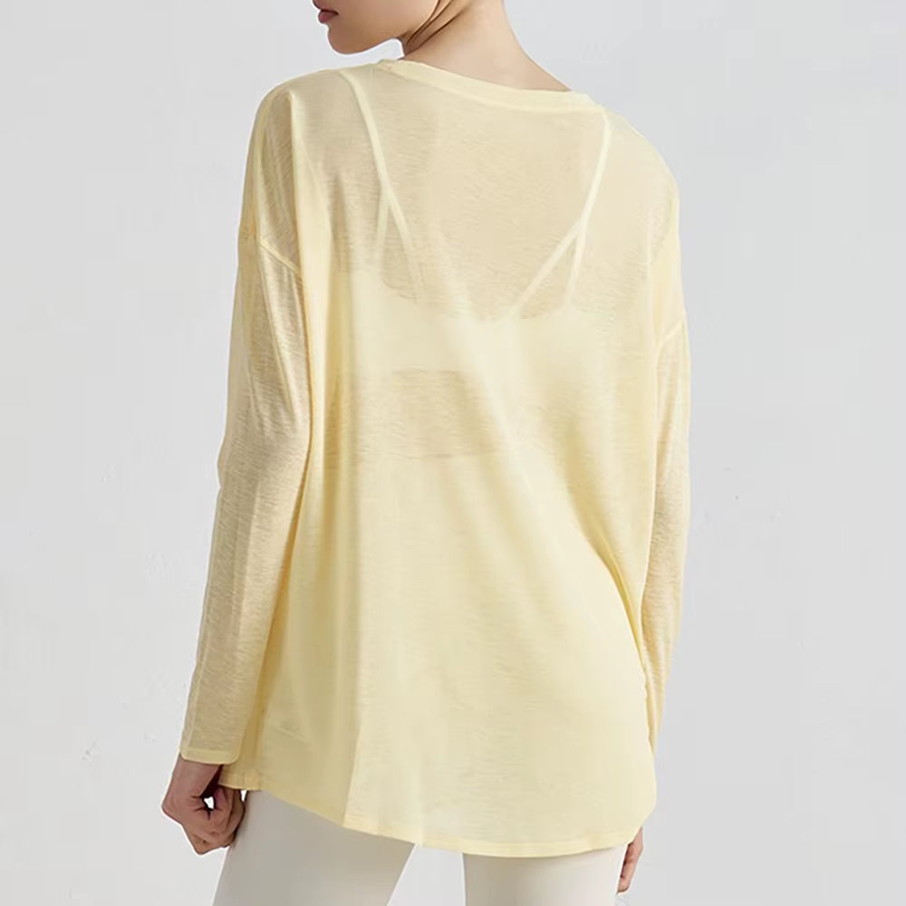 Translucent Women'S Slub Yarn Yoga Top Breathable Long Sleeve, Loose Lightweight with Slimming Side Slits – Fitness Activewear