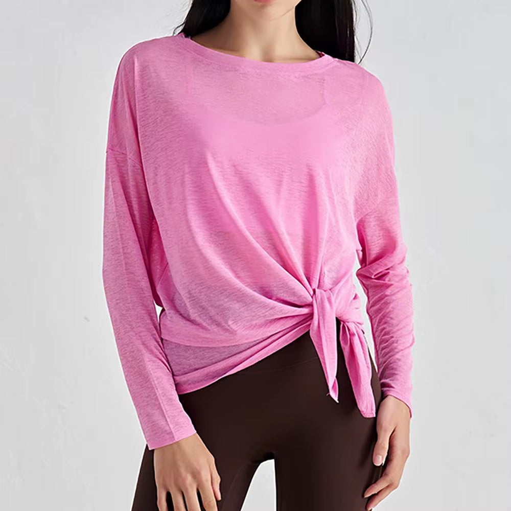 Translucent Women'S Slub Yarn Yoga Top Breathable Long Sleeve, Loose Lightweight with Slimming Side Slits – Fitness Activewear