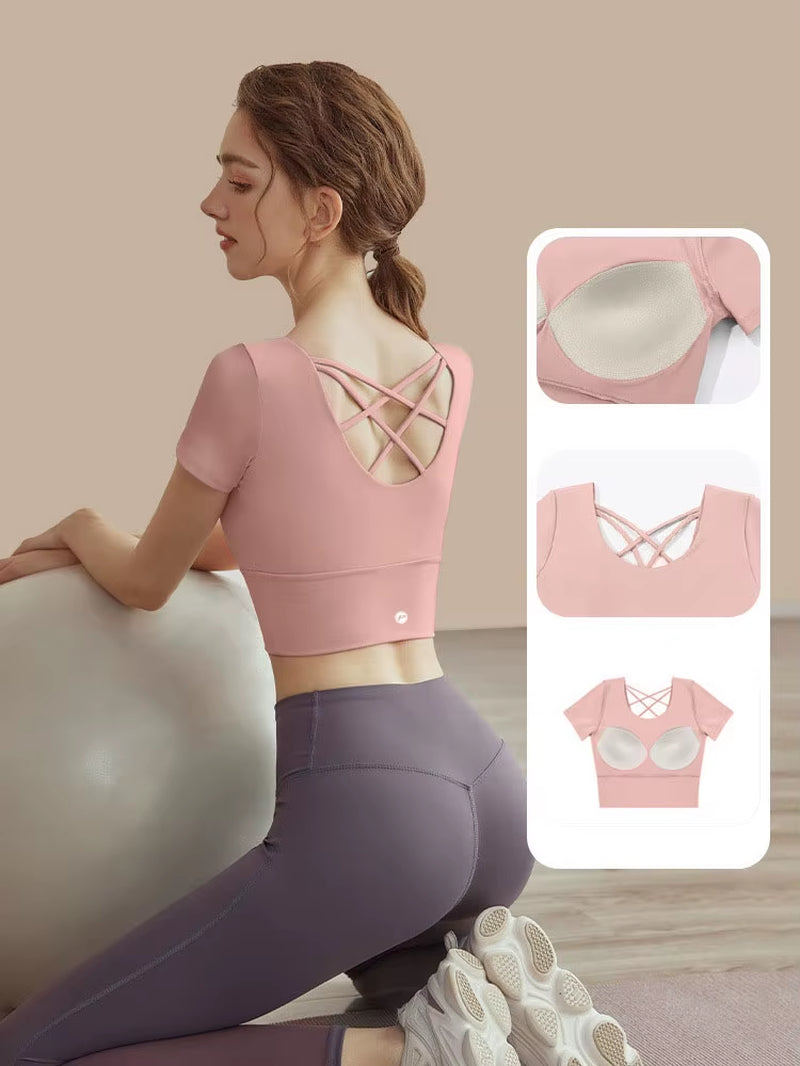 Women Short-Sleeved Sports Shirt Beautiful Cross Back Yoga Wear Running Crop Top Sportswear with Chest Pad Fitness Gym Top