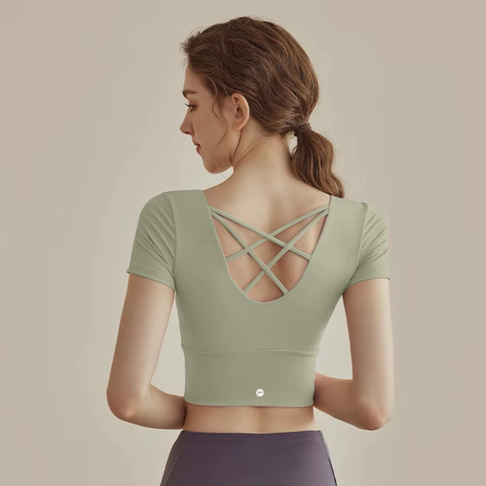 Women Short-Sleeved Sports Shirt Beautiful Cross Back Yoga Wear Running Crop Top Sportswear with Chest Pad Fitness Gym Top