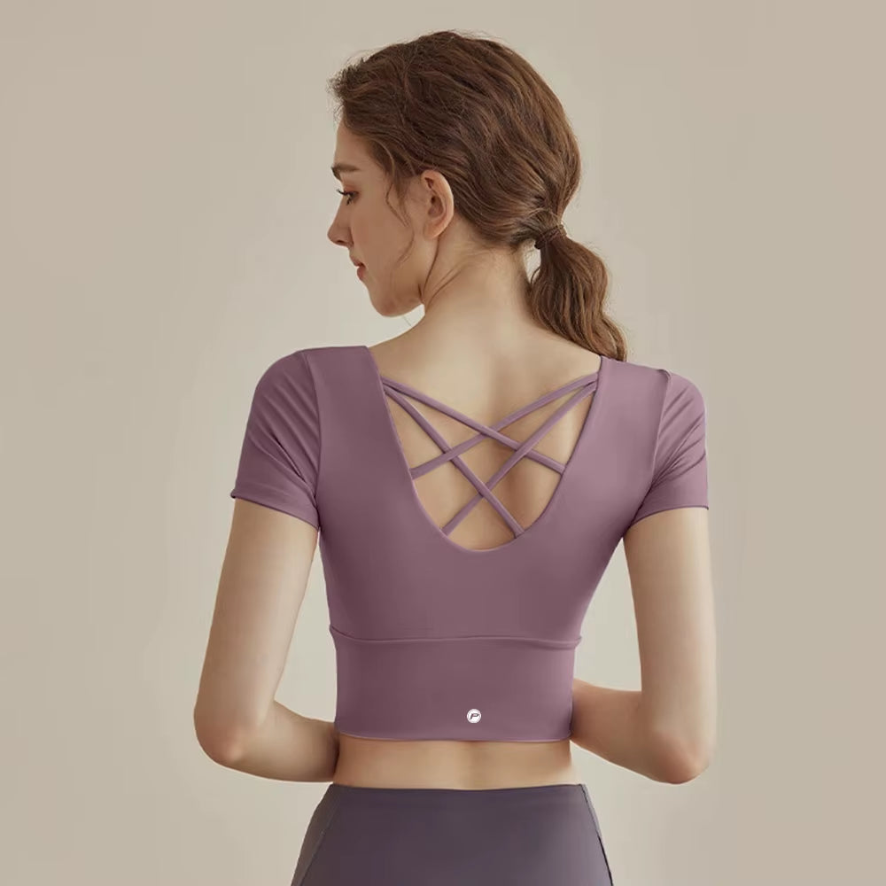 Women Short-Sleeved Sports Shirt Beautiful Cross Back Yoga Wear Running Crop Top Sportswear with Chest Pad Fitness Gym Top