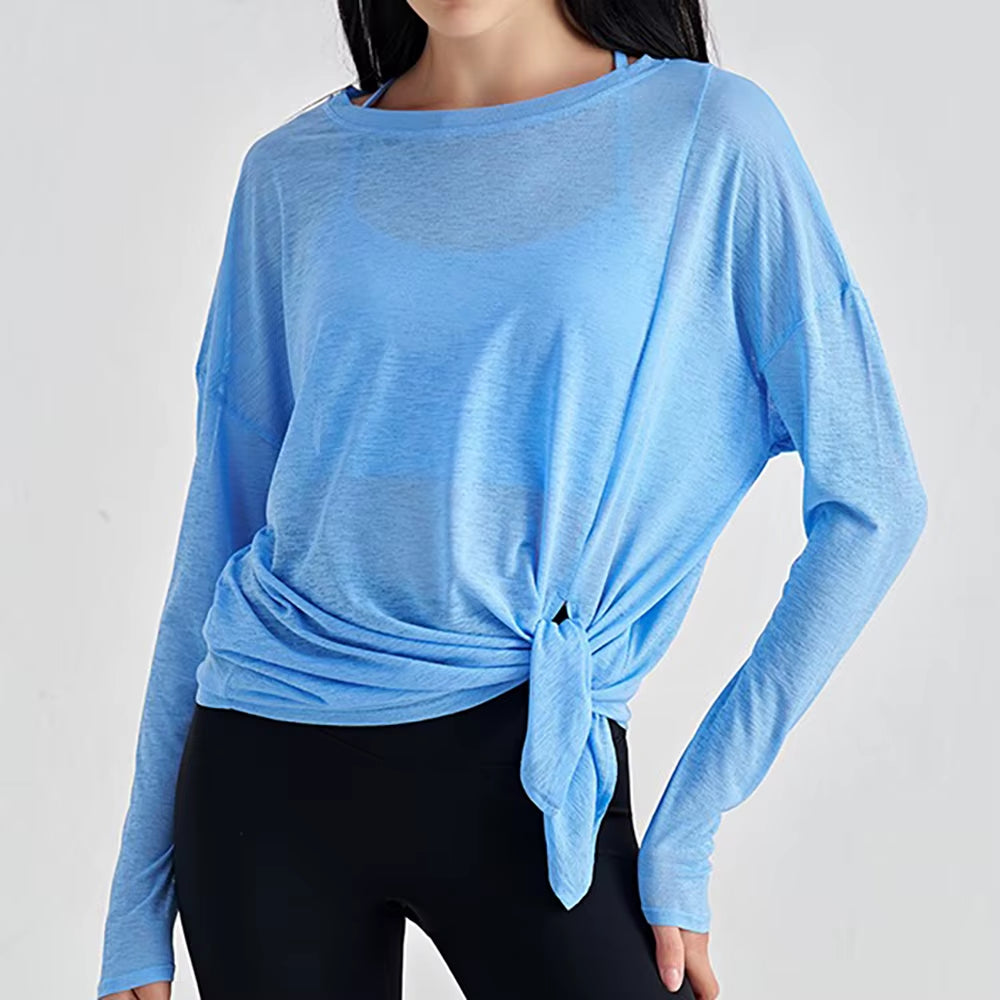 Translucent Women'S Slub Yarn Yoga Top Breathable Long Sleeve, Loose Lightweight with Slimming Side Slits – Fitness Activewear