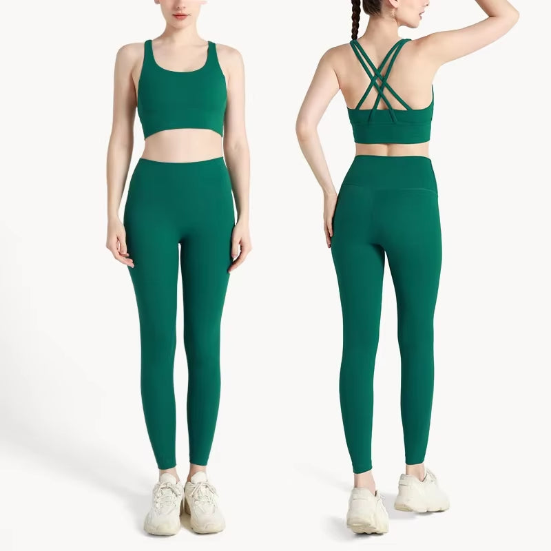 Summer New 2 Piece Yoga Clothes Women'S Tracksuit Athletic Cross Back Nylon Yoga Top Women Sports Bra Leggings Pilates Fitness