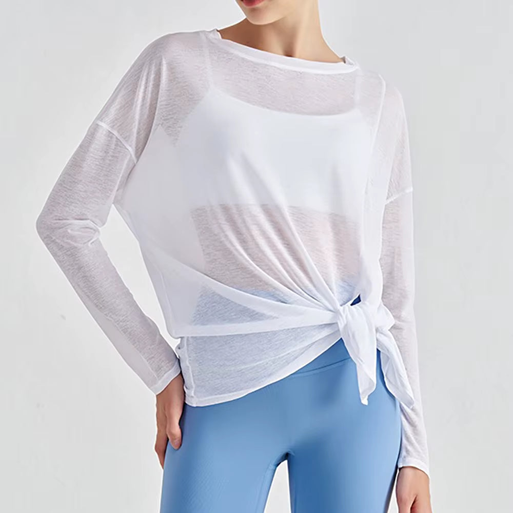 Translucent Women'S Slub Yarn Yoga Top Breathable Long Sleeve, Loose Lightweight with Slimming Side Slits – Fitness Activewear