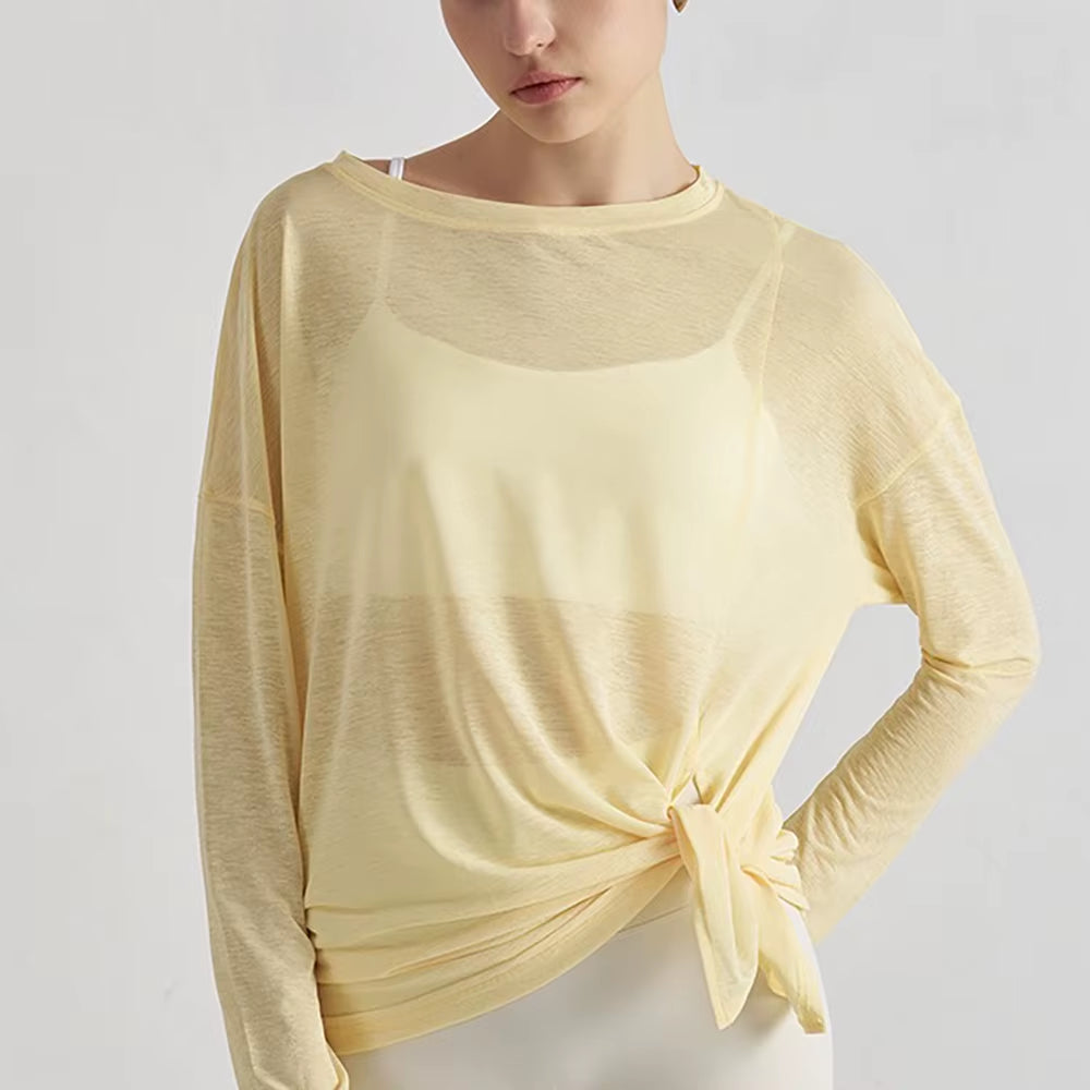 Translucent Women'S Slub Yarn Yoga Top Breathable Long Sleeve, Loose Lightweight with Slimming Side Slits – Fitness Activewear