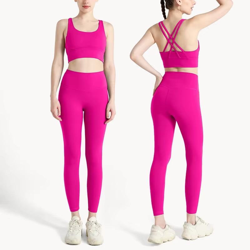 Summer New 2 Piece Yoga Clothes Women'S Tracksuit Athletic Cross Back Nylon Yoga Top Women Sports Bra Leggings Pilates Fitness